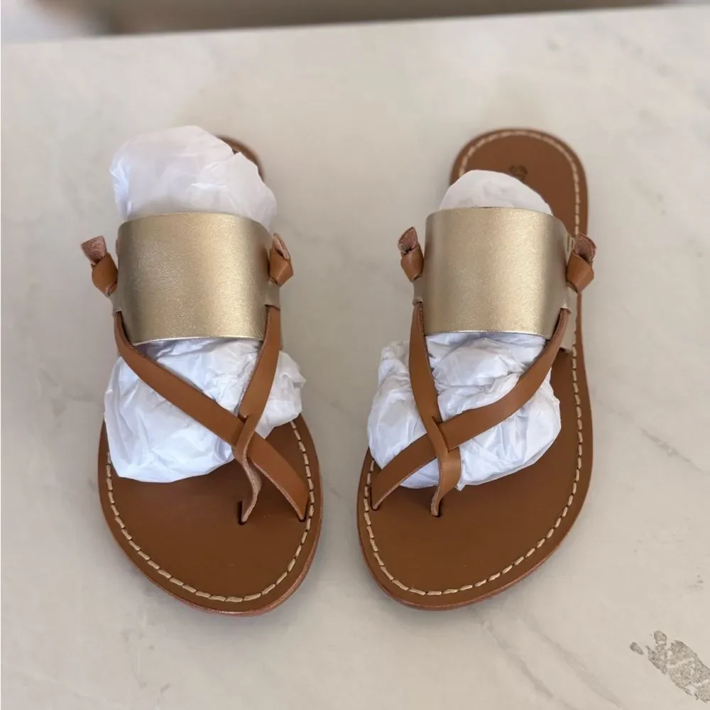 Soludos Platinum and Tan Slotted Thong Leather Strappy Sandal Size 5.5